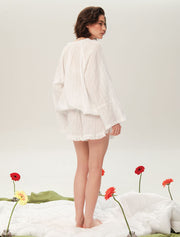 Long Sleeve Cotton Pajama Set with Shorts, White