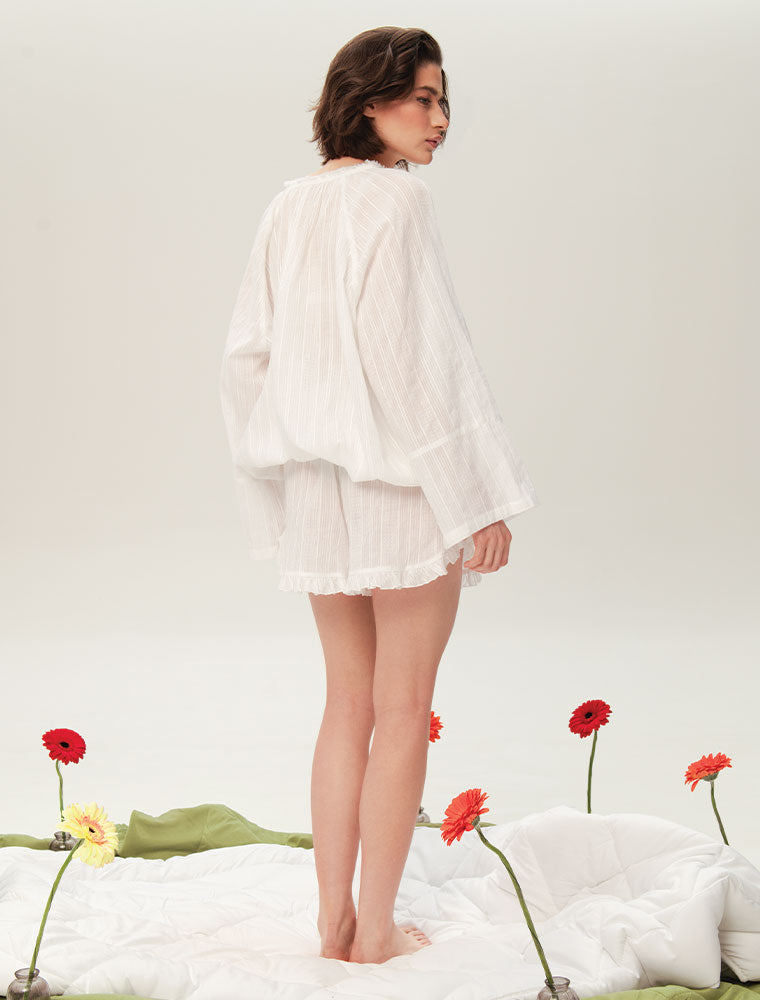 Long Sleeve Cotton Pajama Set with Shorts, White