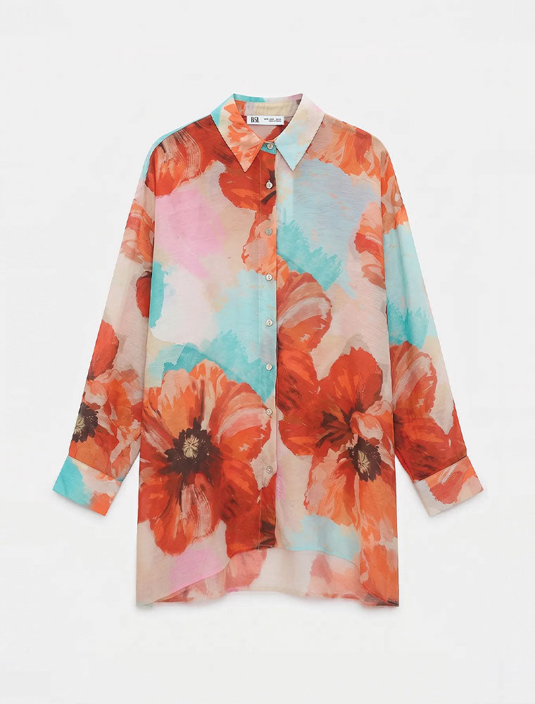 Long Sleeve Floral Button Down Top, Multicolor