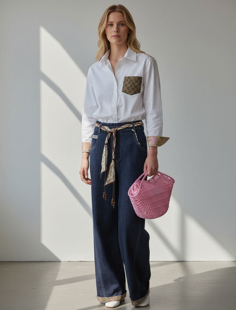Long Sleeve Shirt with Designer Gucci Trim, White