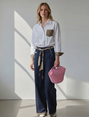 Long Sleeve Shirt with Designer Gucci Trim, White