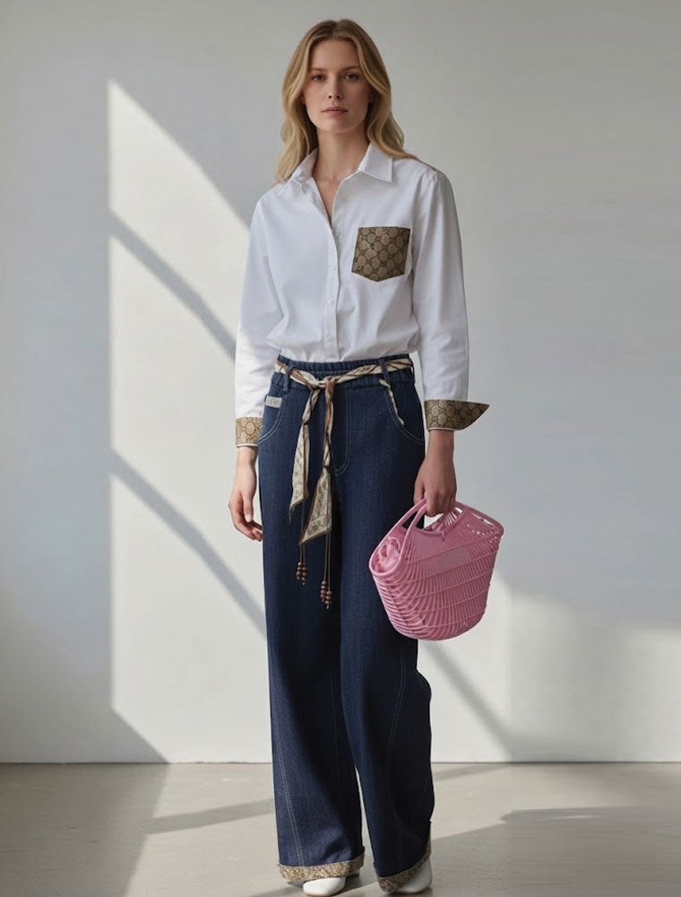 Long Sleeve Shirt with Designer Gucci Trim, White