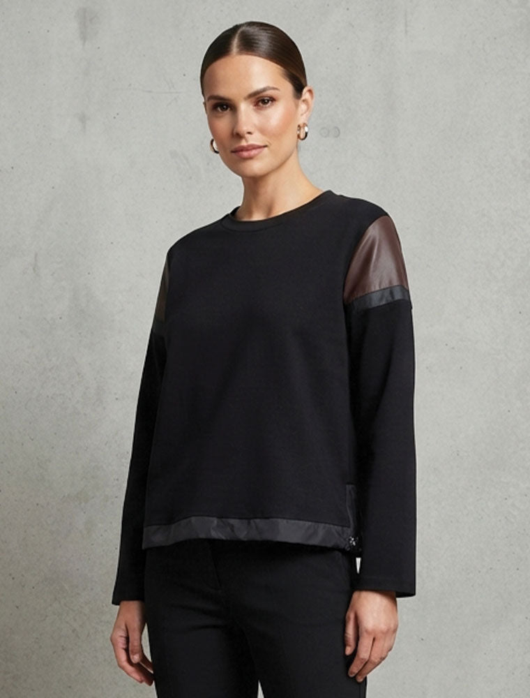 Long Sleeve Shoulder Color Block Top, Black