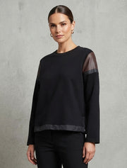 Long Sleeve Shoulder Color Block Top, Black