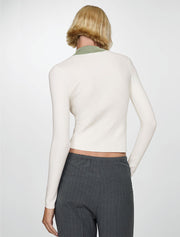Long-Sleeve Top with Green Accent Collar, Cream
