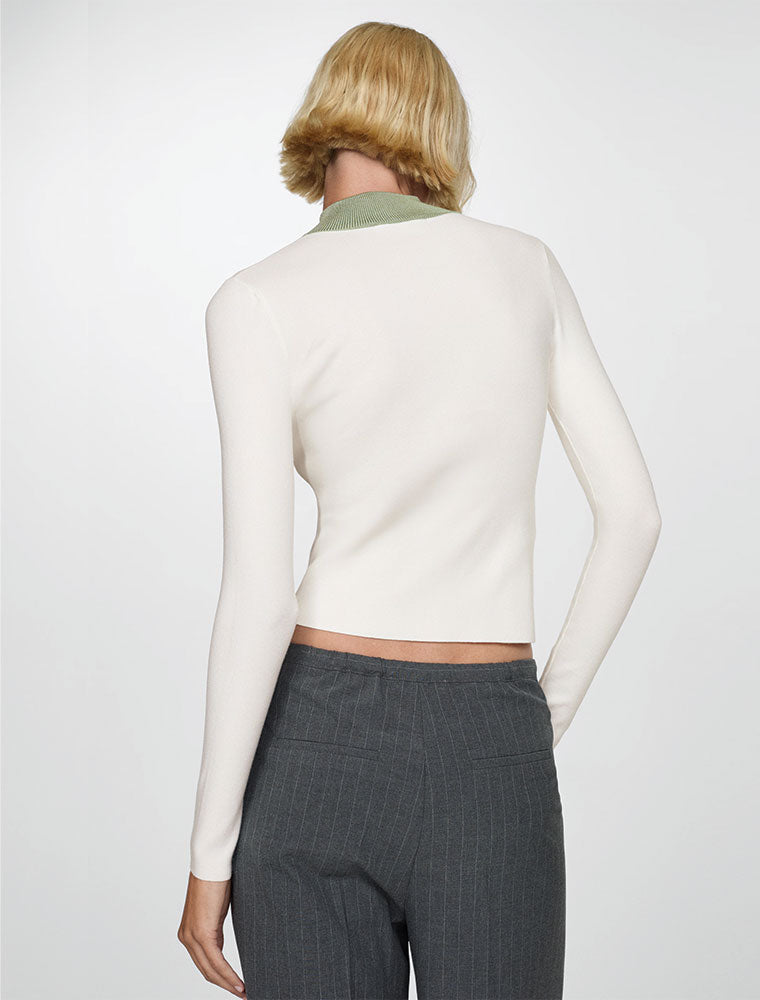Long-Sleeve Top with Green Accent Collar, Cream