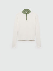 Long-Sleeve Top with Green Accent Collar, Cream
