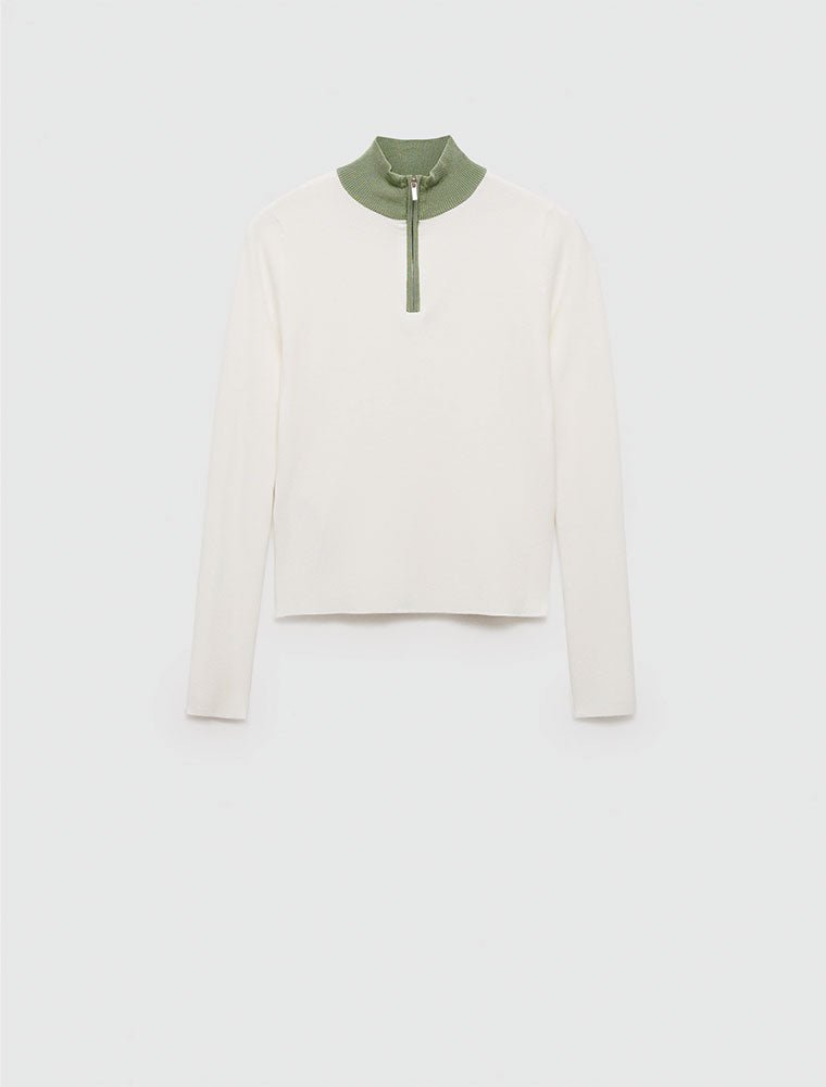 Long-Sleeve Top with Green Accent Collar, Cream