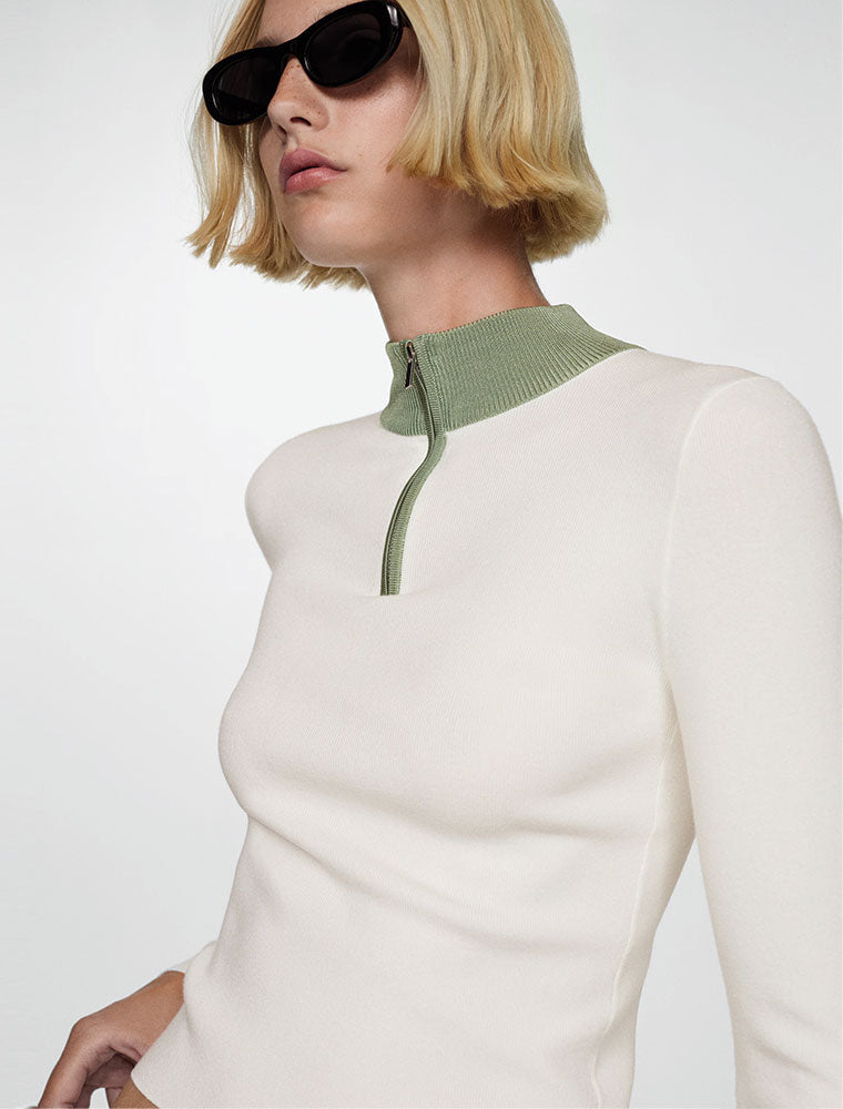 Long-Sleeve Top with Green Accent Collar, Cream