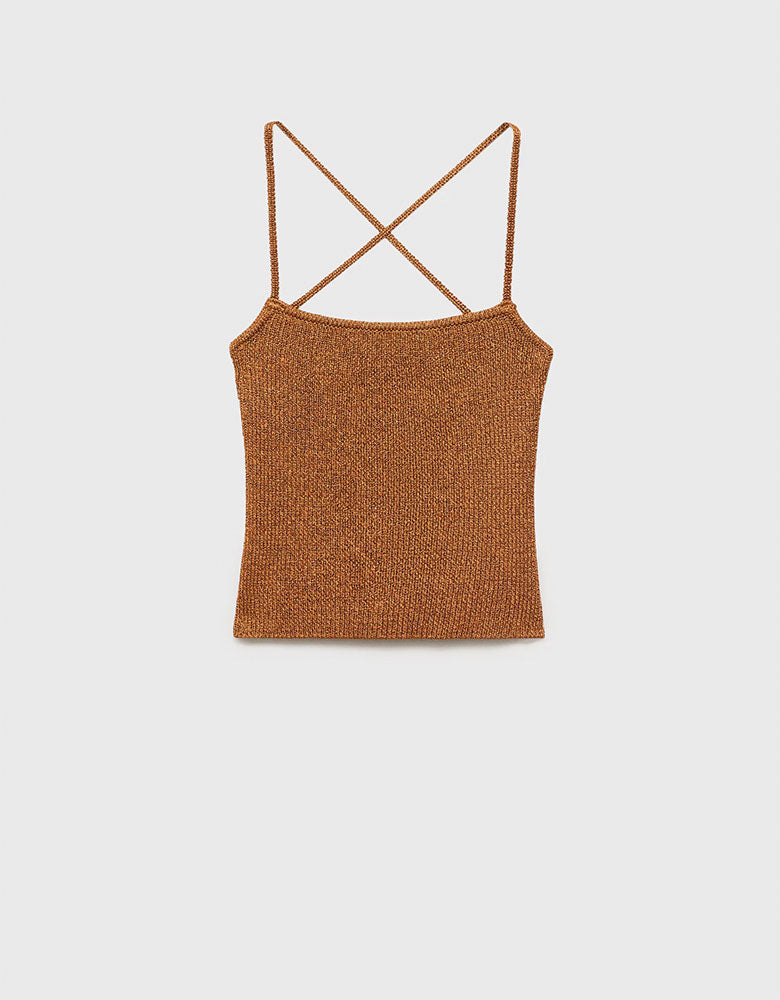 Lurex Knit Crop Top with Laced Back, Bronze