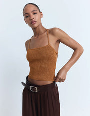 Lurex Knit Crop Top with Laced Back, Bronze