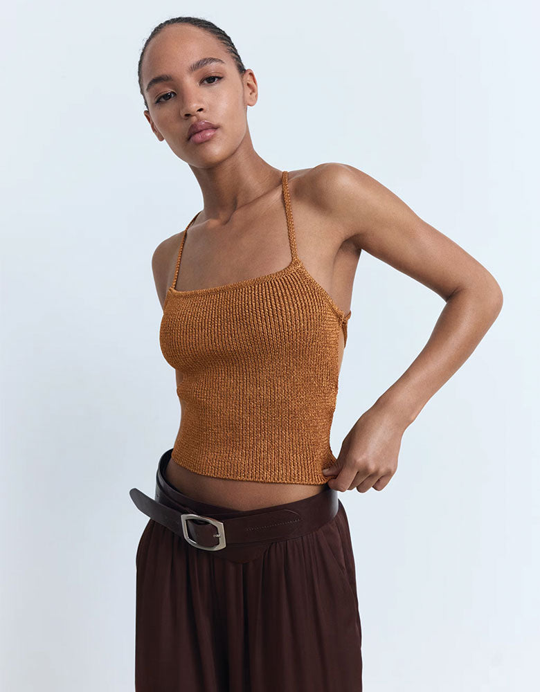 Lurex Knit Crop Top with Laced Back, Bronze