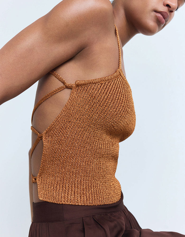 Lurex Knit Crop Top with Laced Back, Bronze