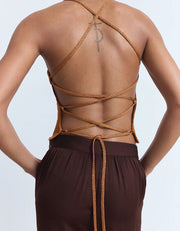 Lurex Knit Crop Top with Laced Back, Bronze