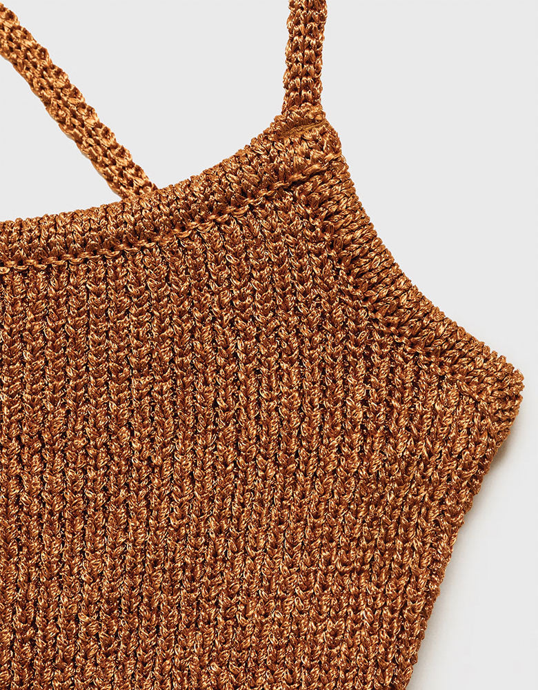 Lurex Knit Crop Top with Laced Back, Bronze