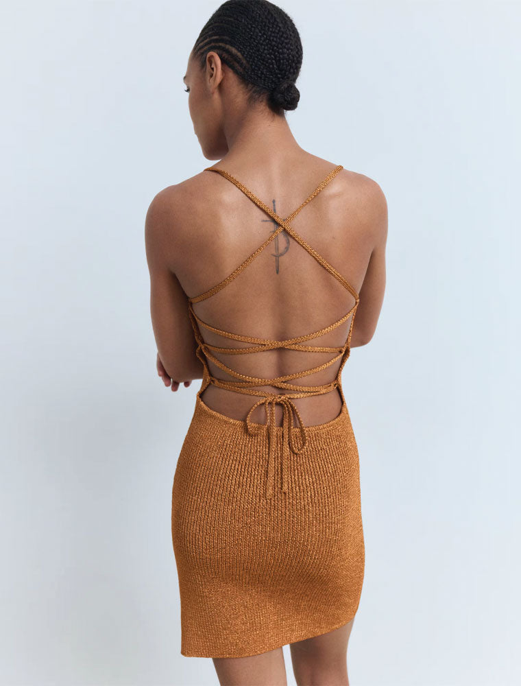 Lurex Knit Dress with Laced Back, Bronze