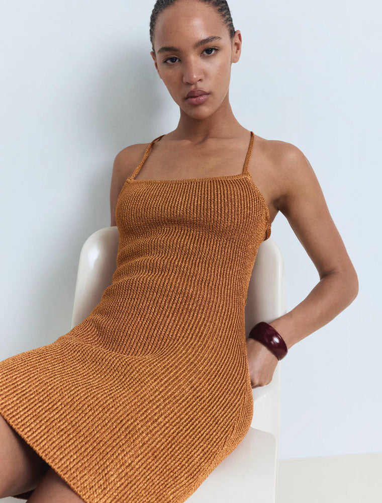 Lurex Knit Dress with Laced Back, Bronze