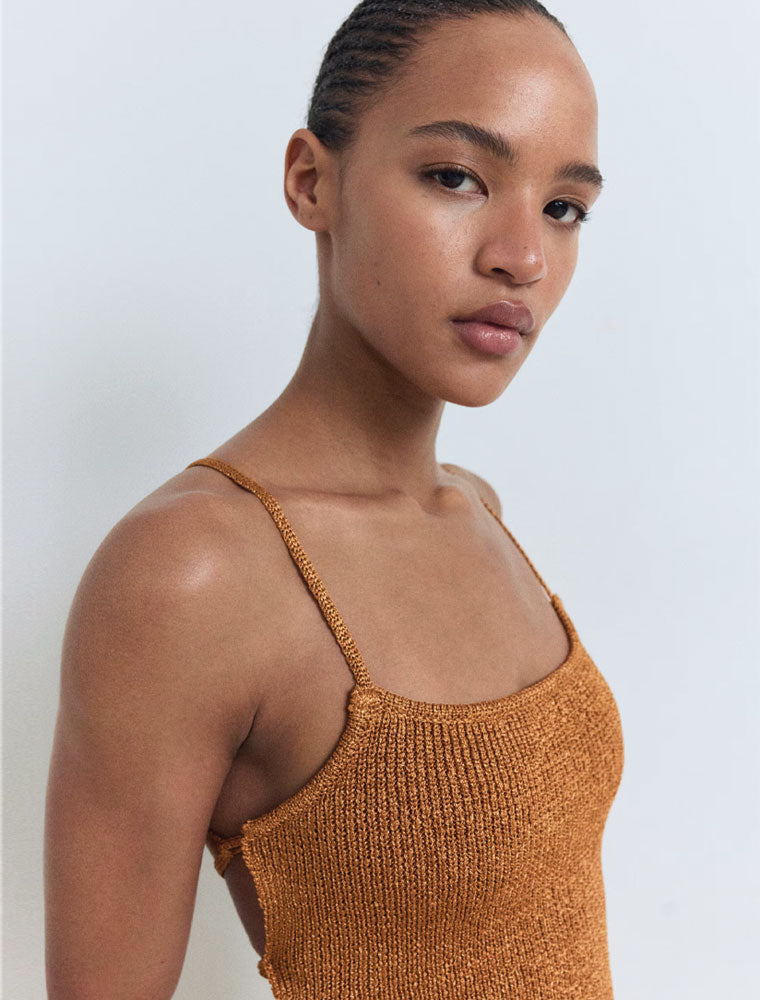 Lurex Knit Dress with Laced Back, Bronze
