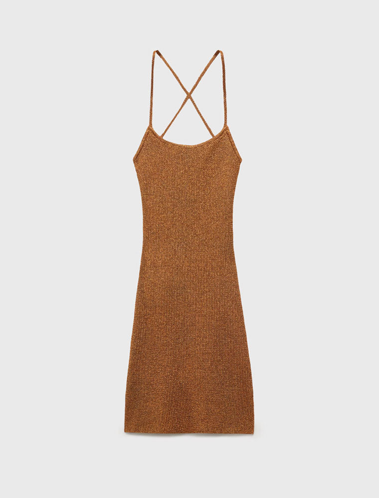 Lurex Knit Dress with Laced Back, Bronze