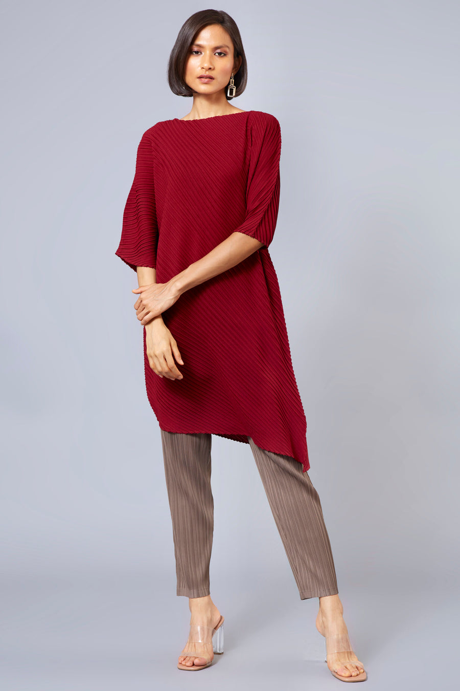Asymmetrical Mae Bias Pleated Tunic-Dress, Wine