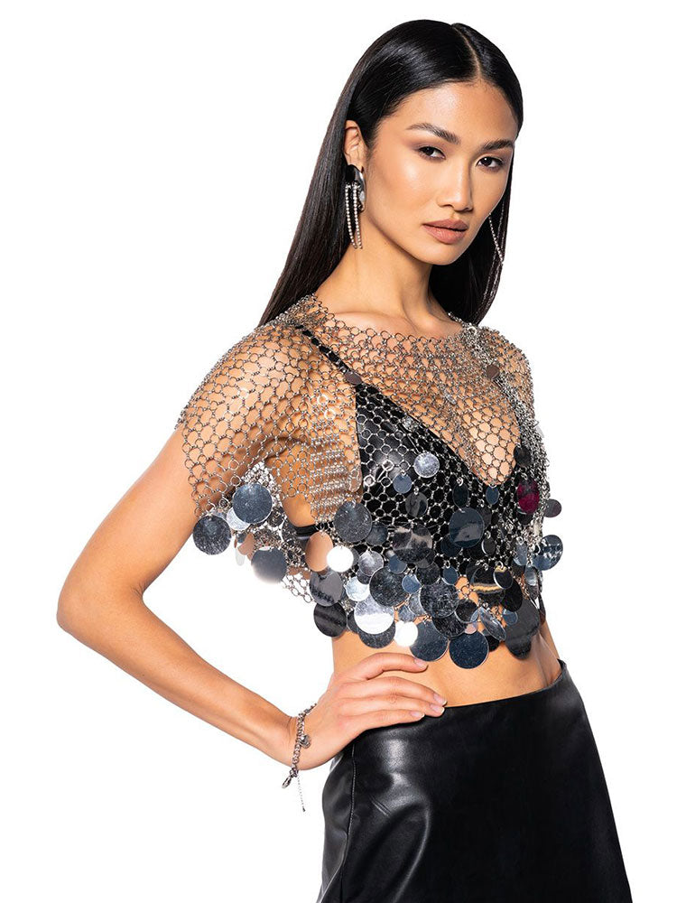 Metallic Sequin Chain Metal Top, Silver