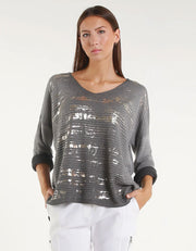 Metallic Accent Ribbed Knit Top, Dark Grey