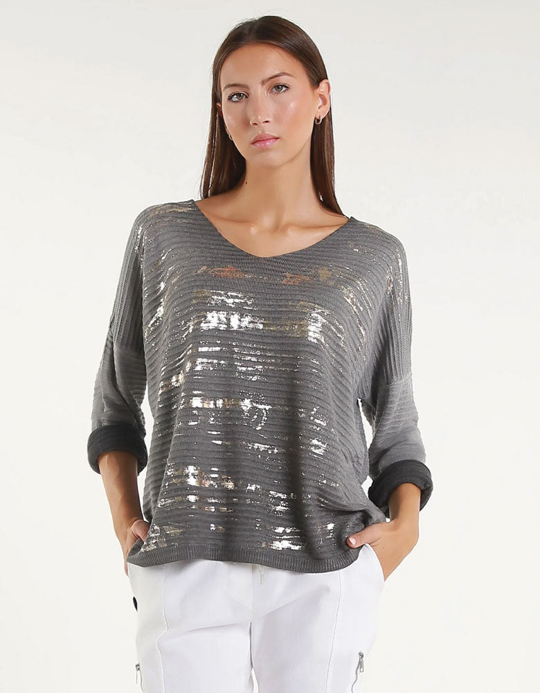 Metallic Accent Ribbed Knit Top, Dark Grey