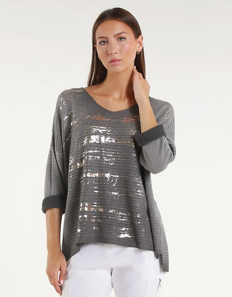Metallic Accent Ribbed Knit Top, Dark Grey