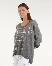 Metallic Accent Ribbed Knit Top, Dark Grey
