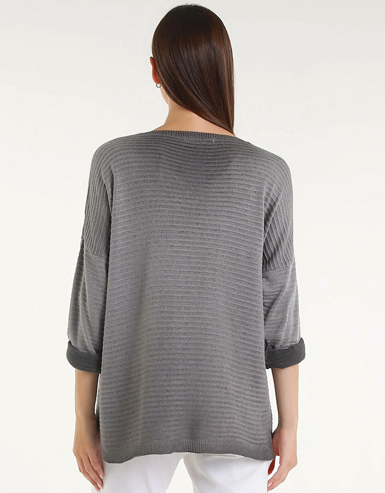 Metallic Accent Ribbed Knit Top, Dark Grey