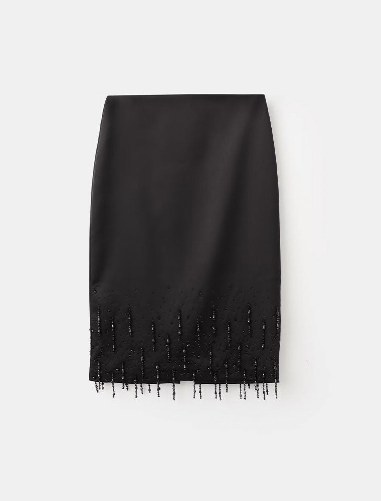 Midi Skirt with Crystal Trim Hem, Black