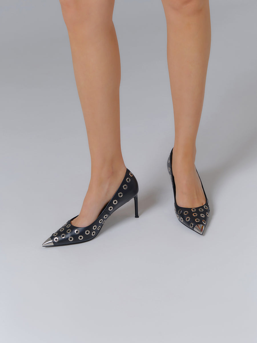 Midnight Eyelet Leather Pump, Black