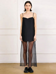 Mixed Material Strappy Sheath Maxi Dress, Black