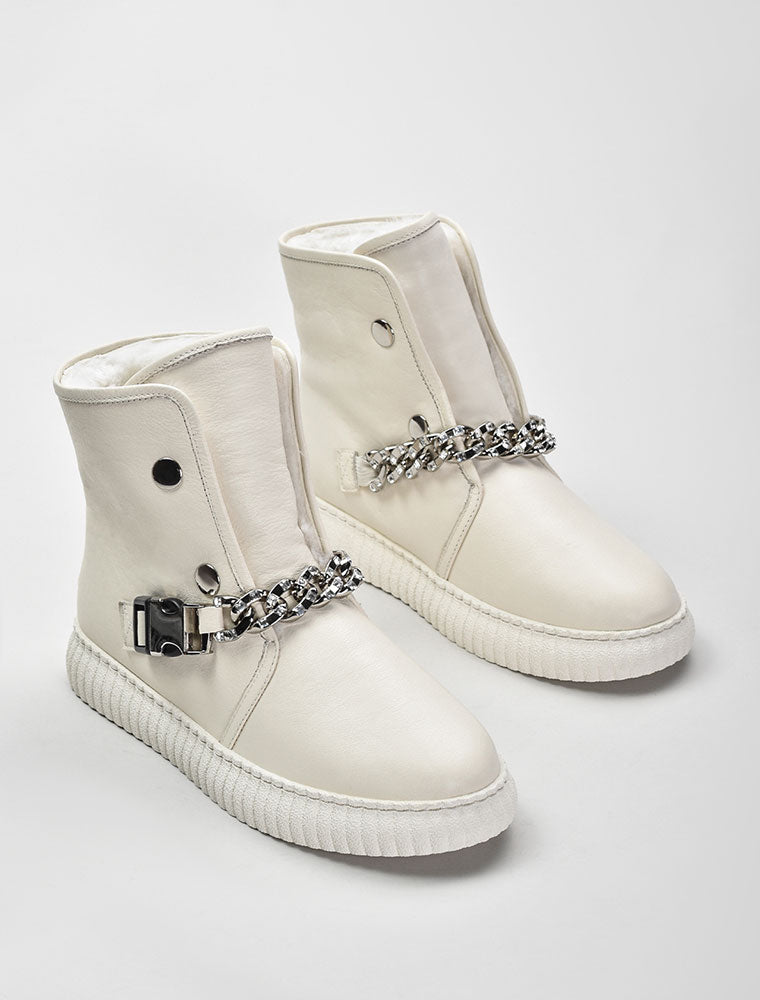 Leather Casual Boots with Chain Detail, Cream