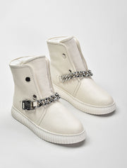 Leather Casual Boots with Chain Detail, Cream