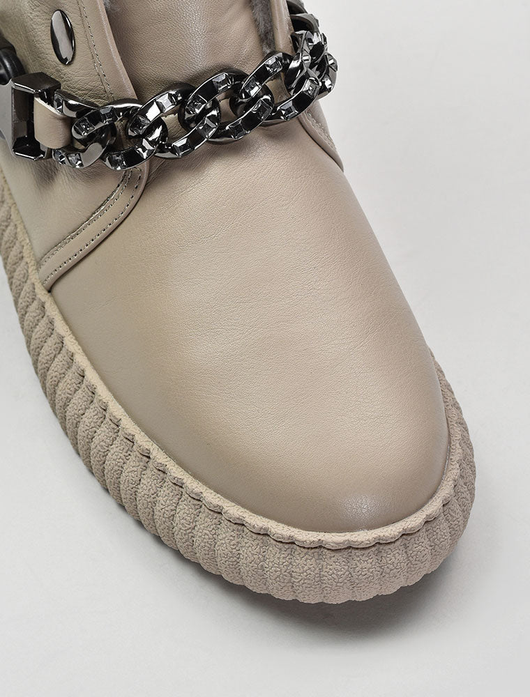 Leather Casual Boots with Chain Detail, Beige