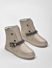 Leather Casual Boots with Chain Detail, Beige