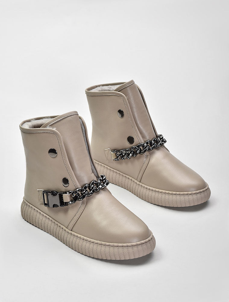 Leather Casual Boots with Chain Detail, Beige
