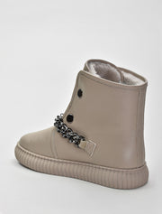 Leather Casual Boots with Chain Detail, Beige