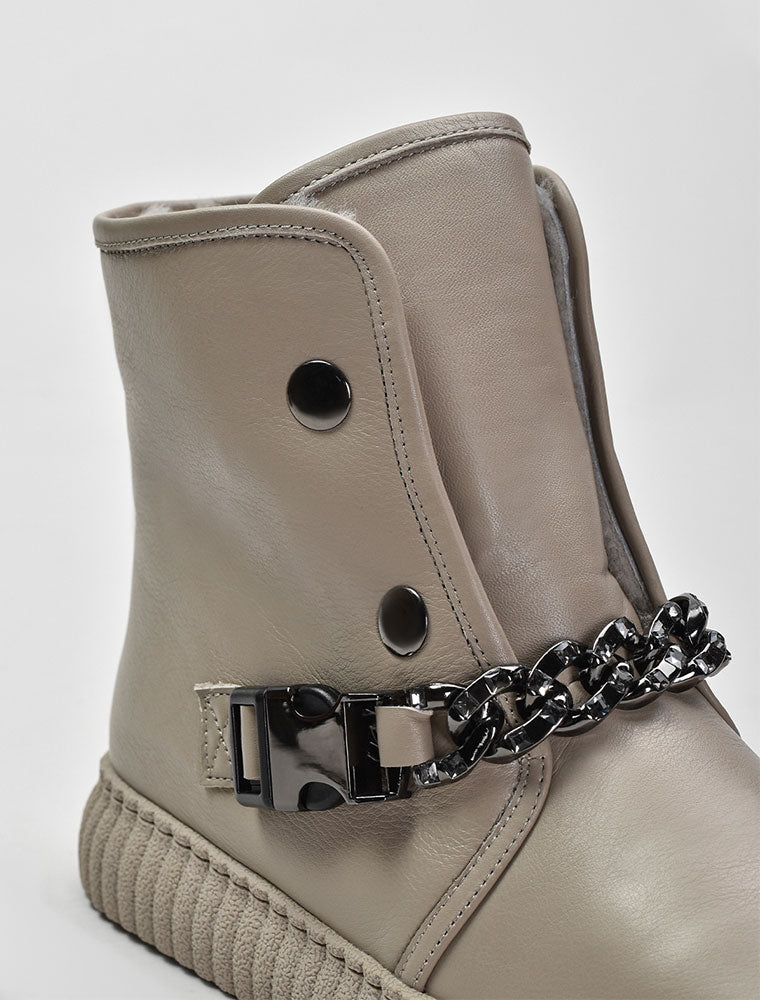 Leather Casual Boots with Chain Detail, Beige