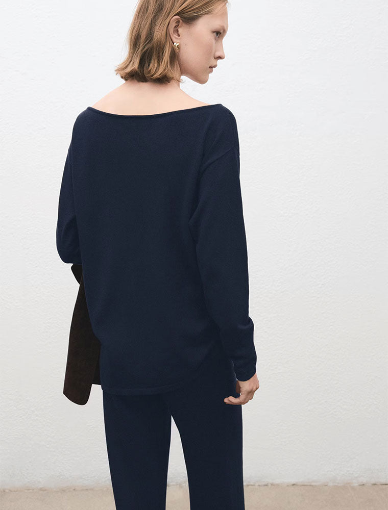One Side Gathered Boat-Neck Sweater, Navy
