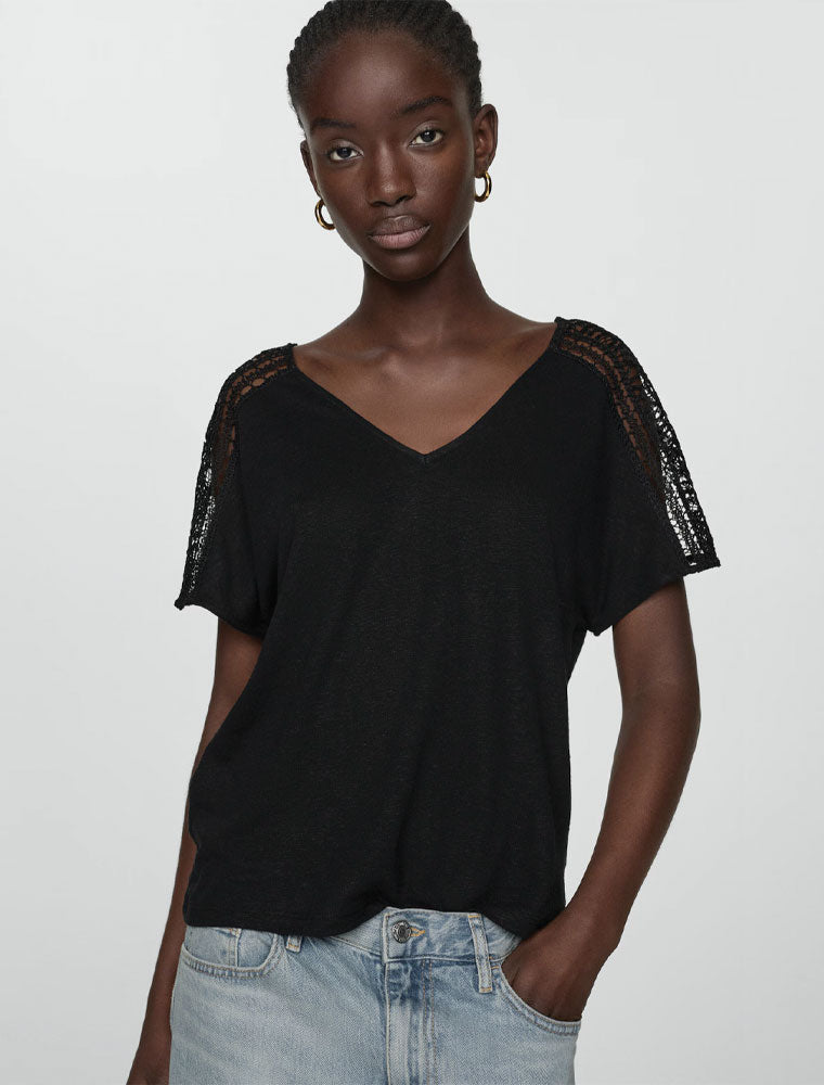 Openwork Shoulder Details T-Shirt, Black