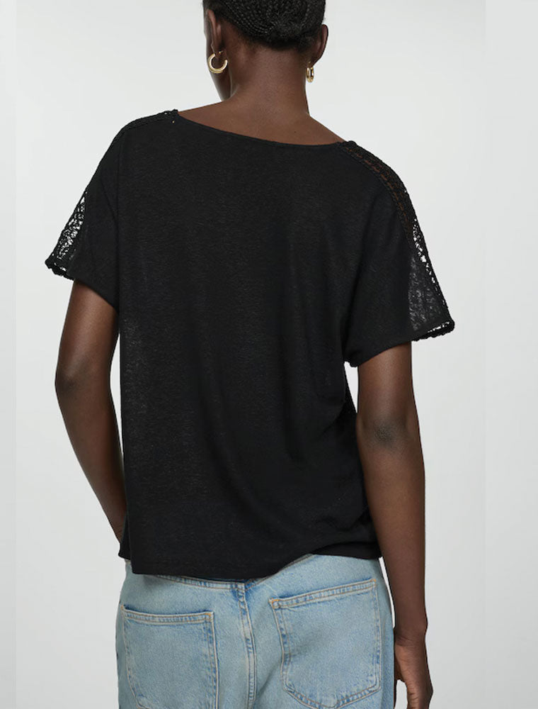 Openwork Shoulder Details T-Shirt, Black