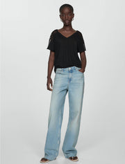 Openwork Shoulder Details T-Shirt, Black