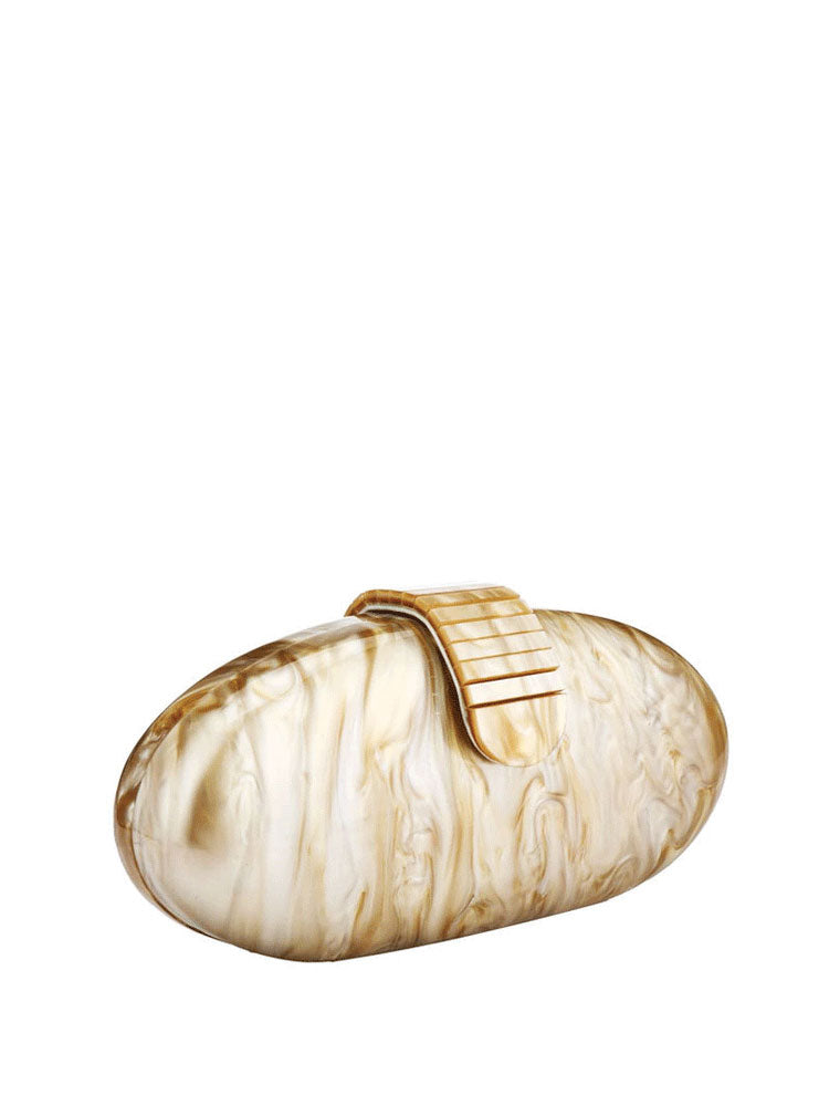 Oval Acrylic Clutch Bag with Flap, Beige