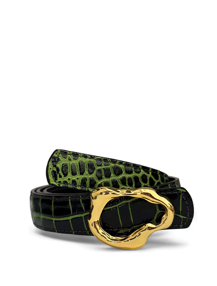 PEcado "Abstract" Belt, Embossed Croc, Green / Black