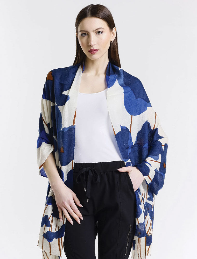 Painted Cashmere Wrap, Blue Poppies