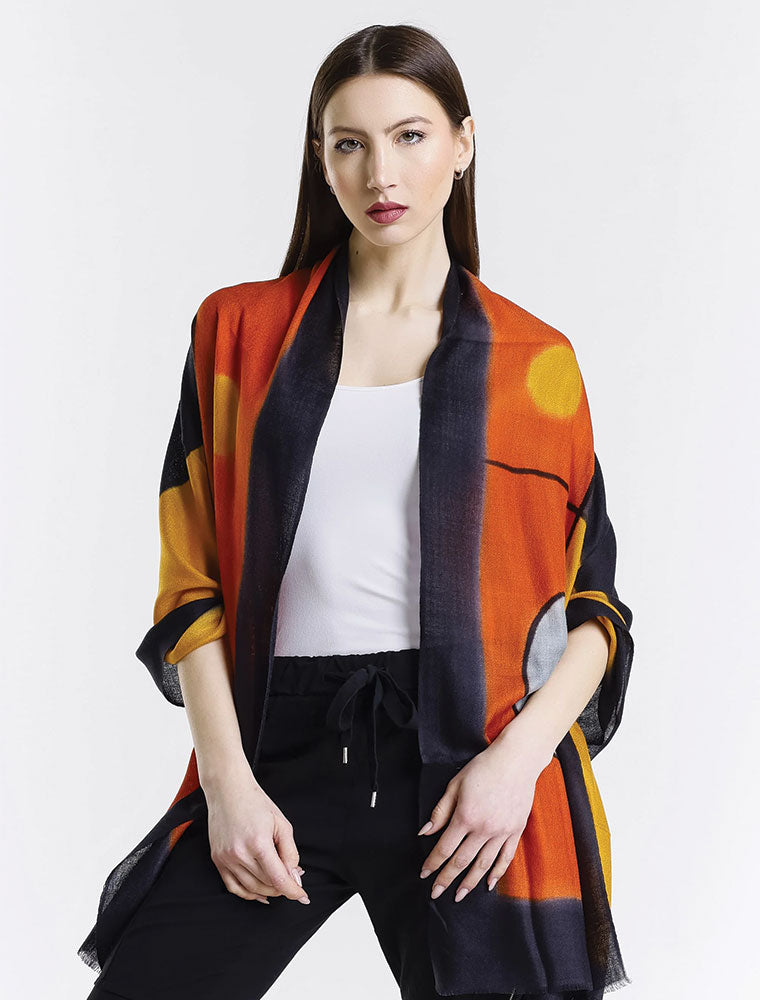 Painted Cashmere Wrap, Orange Abstract