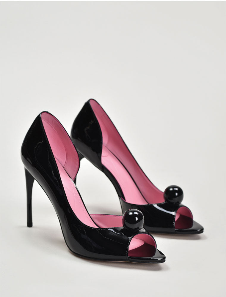 Patent Peep-Toe Pump with Sculptural Detail, Black