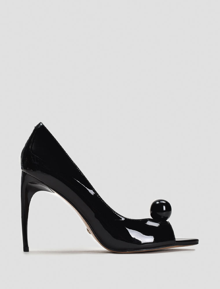 Patent Peep-Toe Pump with Sculptural Detail, Black